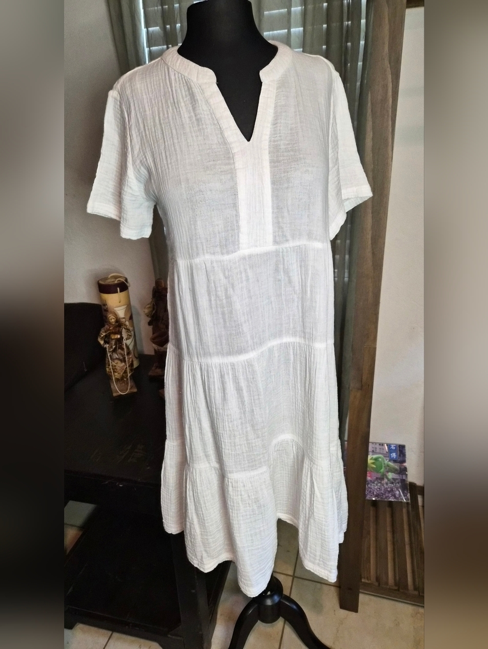 beachlunchlounge White Tiered V-Neck Cotton Midi Dress #0191